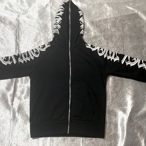 I am offering a full-zip hoodie with gothic typography on the hood and arms.